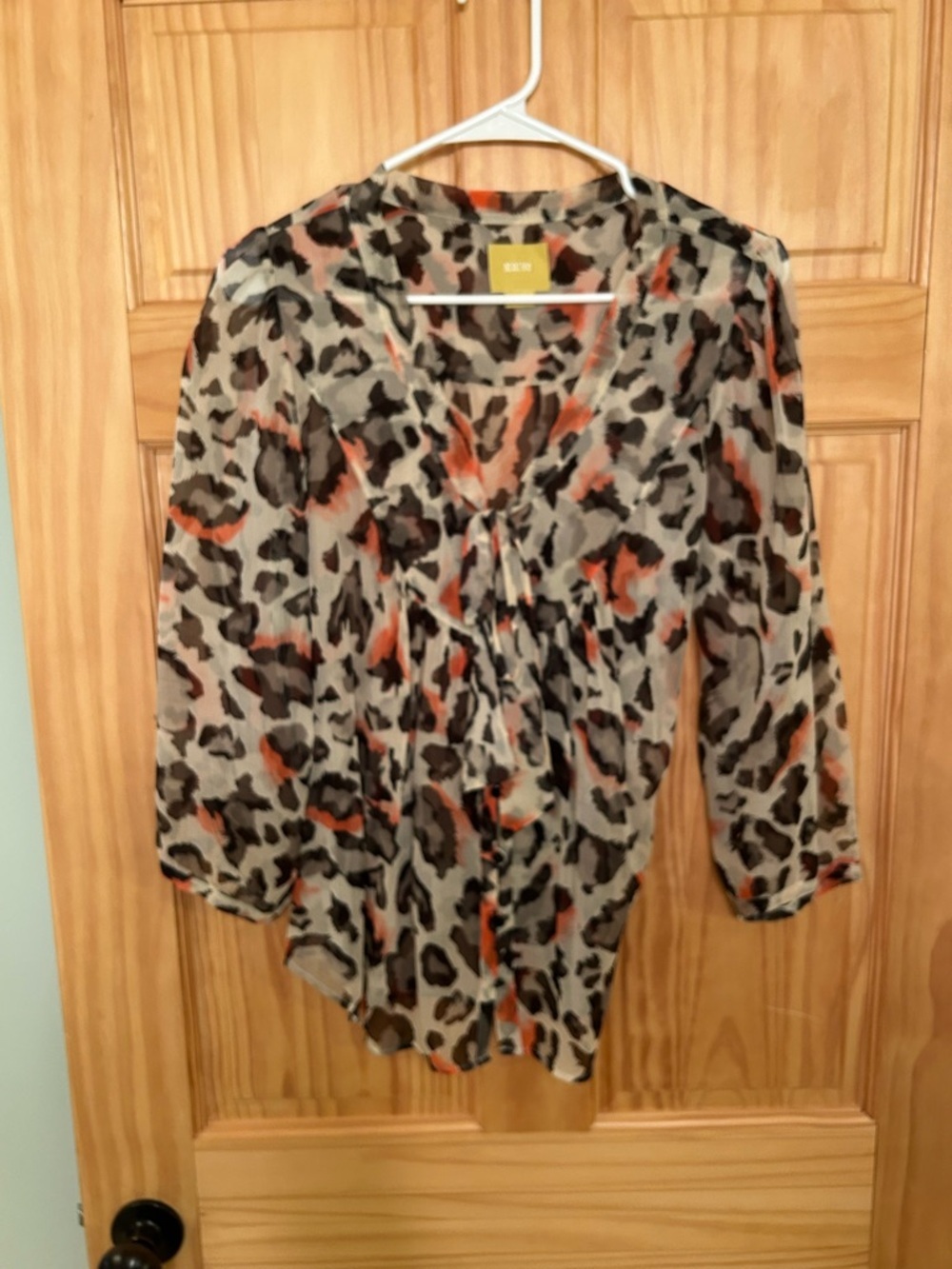 Maeve Taupe and Black Leopard Print V-Neck Blouse with Orange Accents